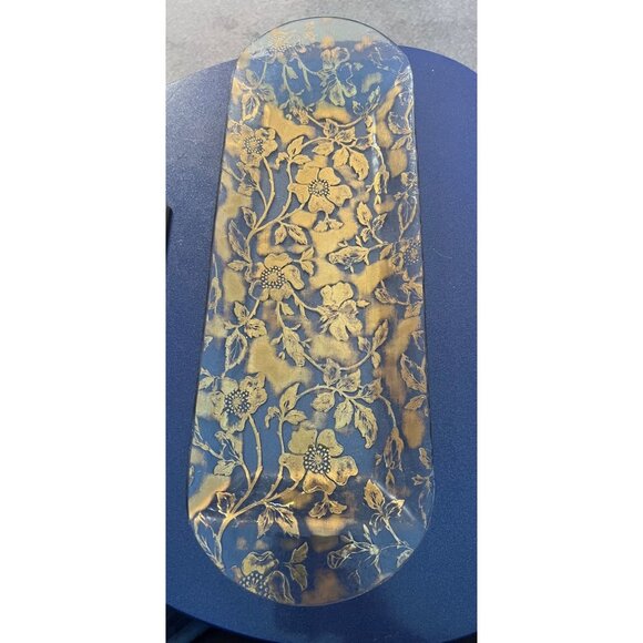 Other - Vintage 18 inch Glass Tray Platter Embossed Metallic Gold Floral Flowers 70s